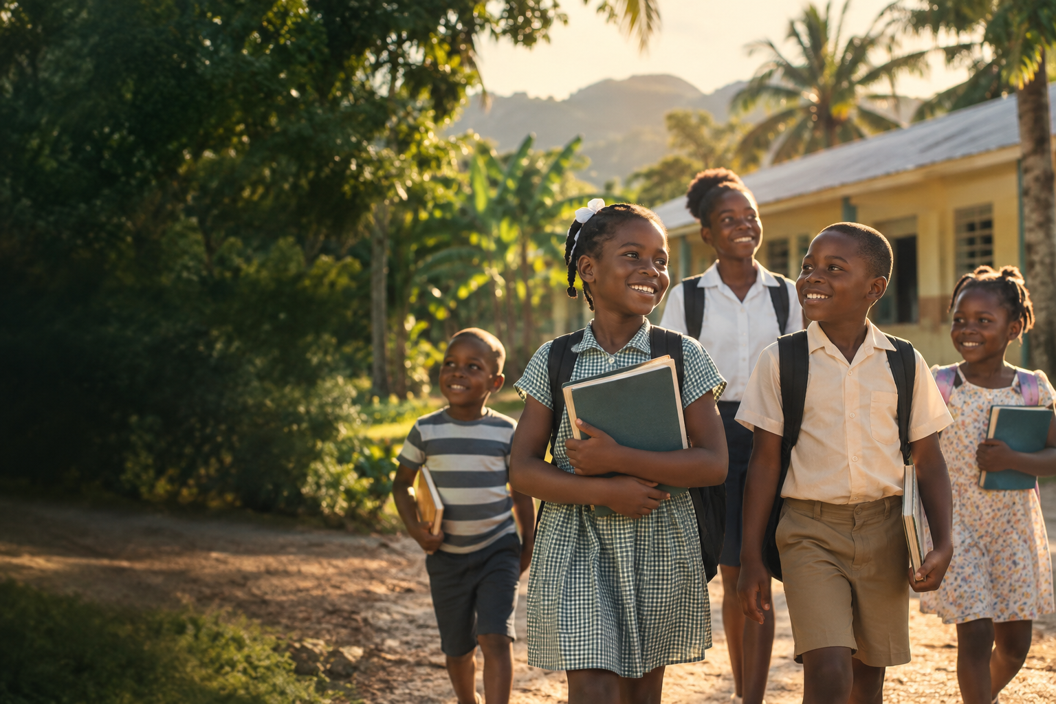 Illustrative scene of Haitian children walking together with books