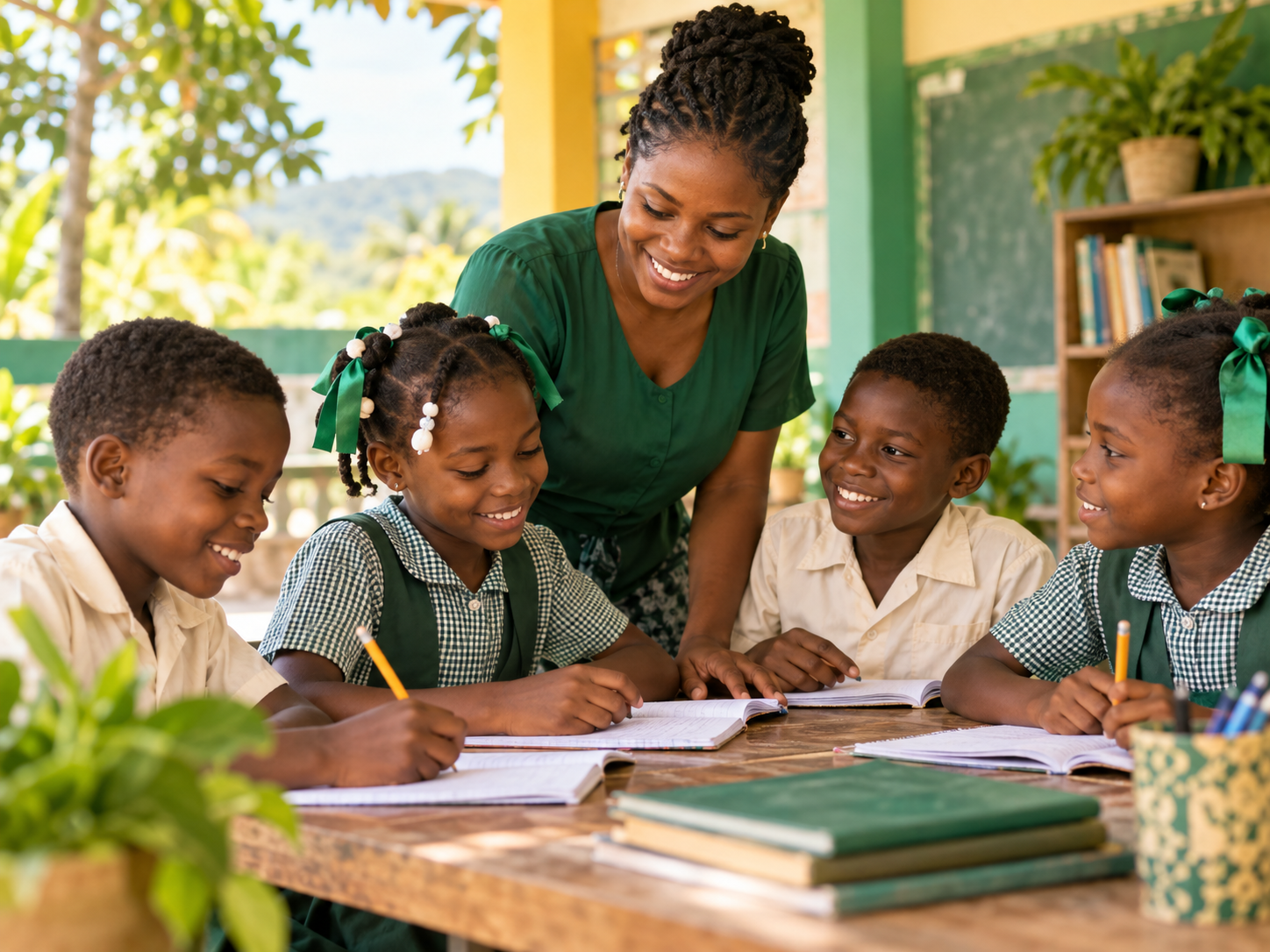 Illustrative scene of Haitian children learning with a mentor