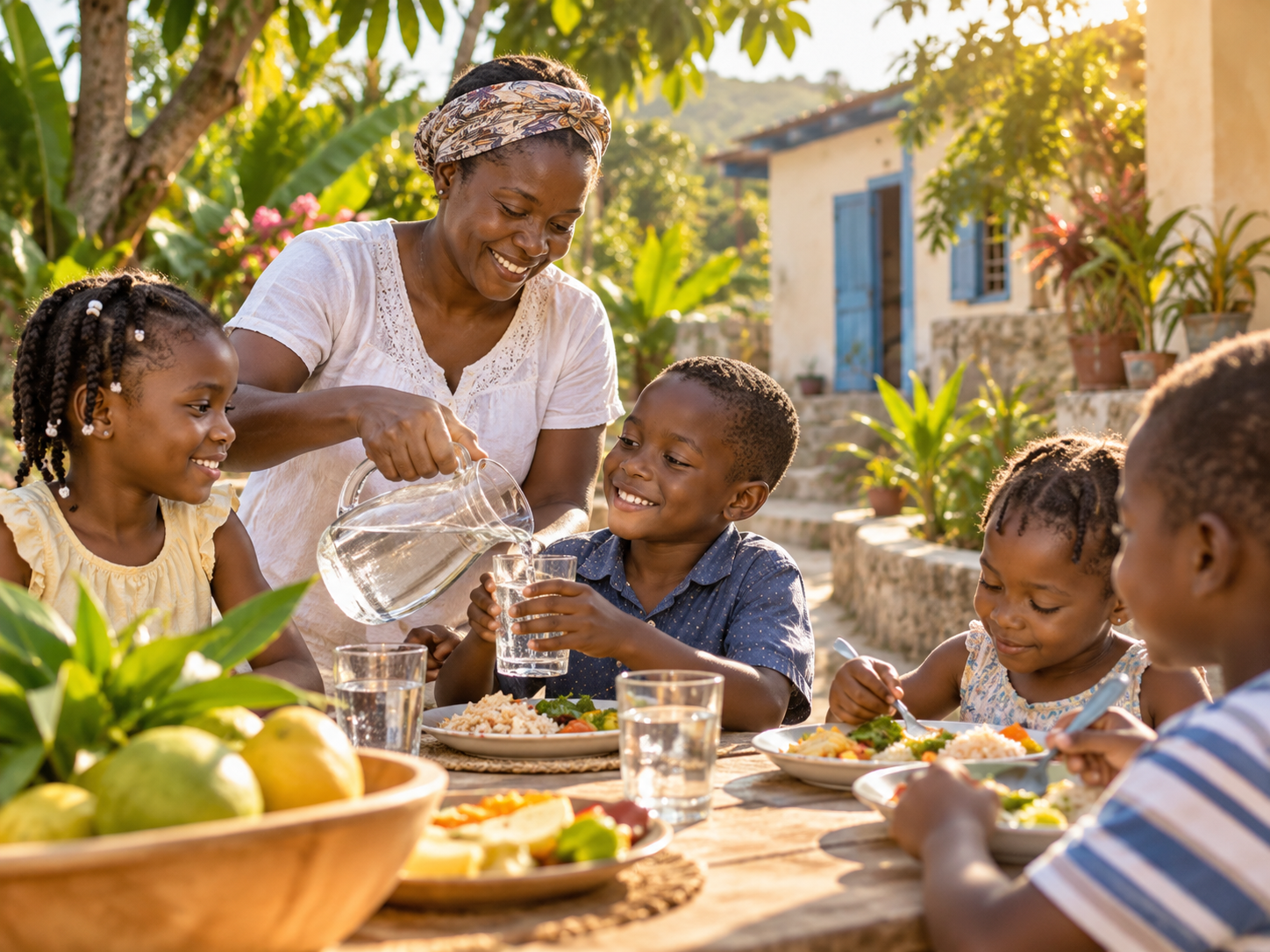 Illustrative scene of a Haitian family sharing water and a meal