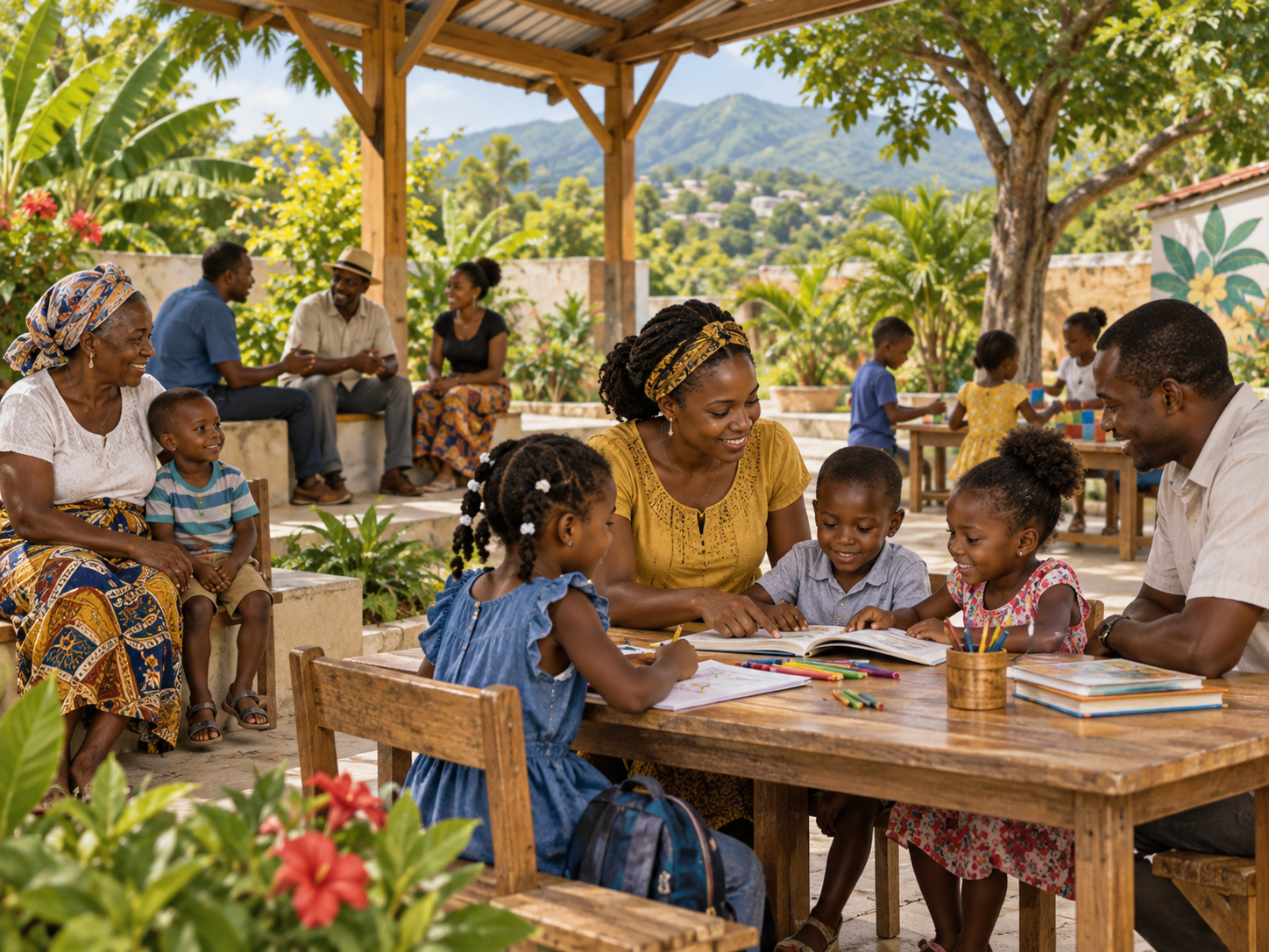 Illustrative neighborhood community gathering with children and families