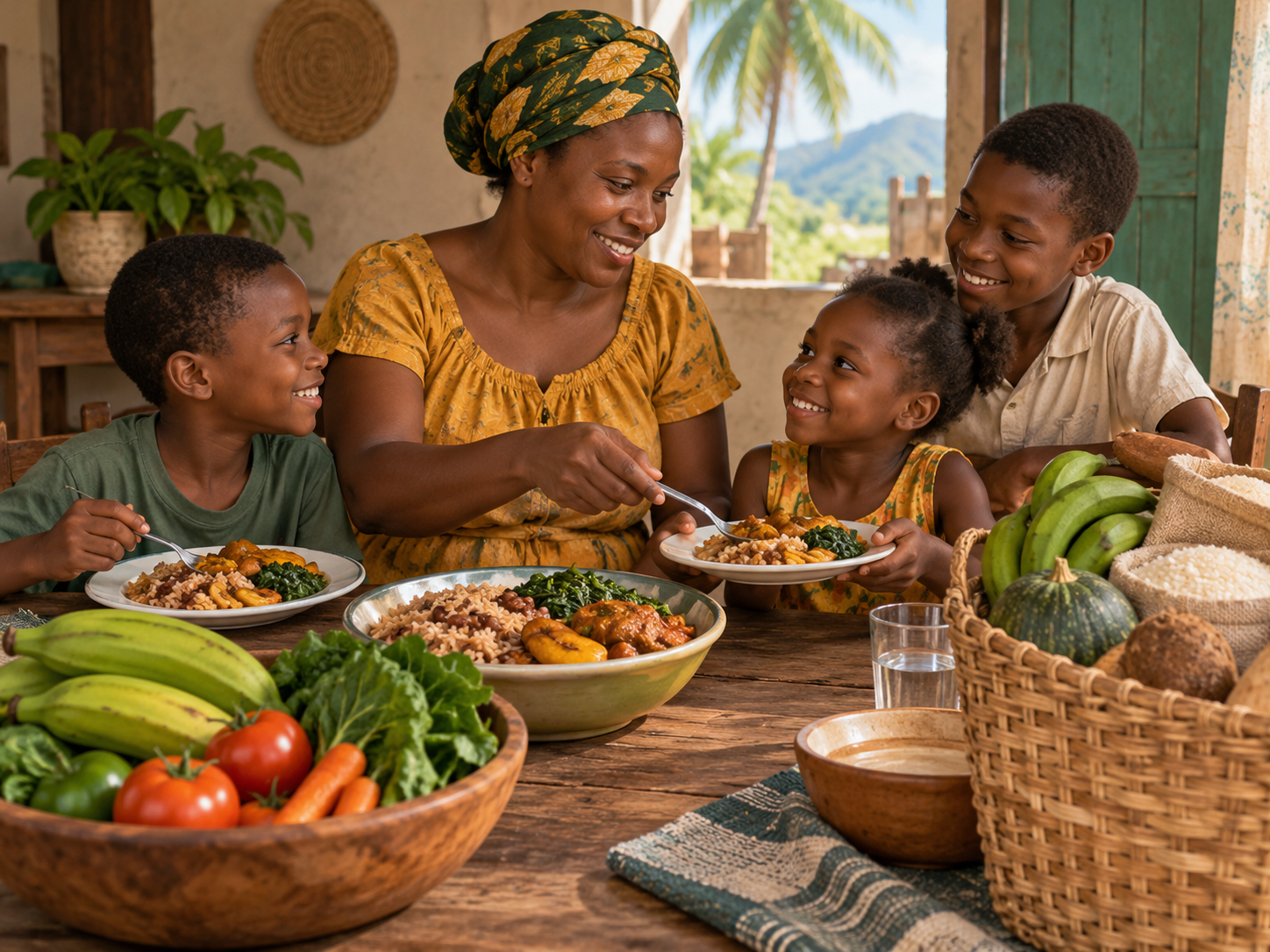 Illustrative family sharing a healthy meal and basic groceries