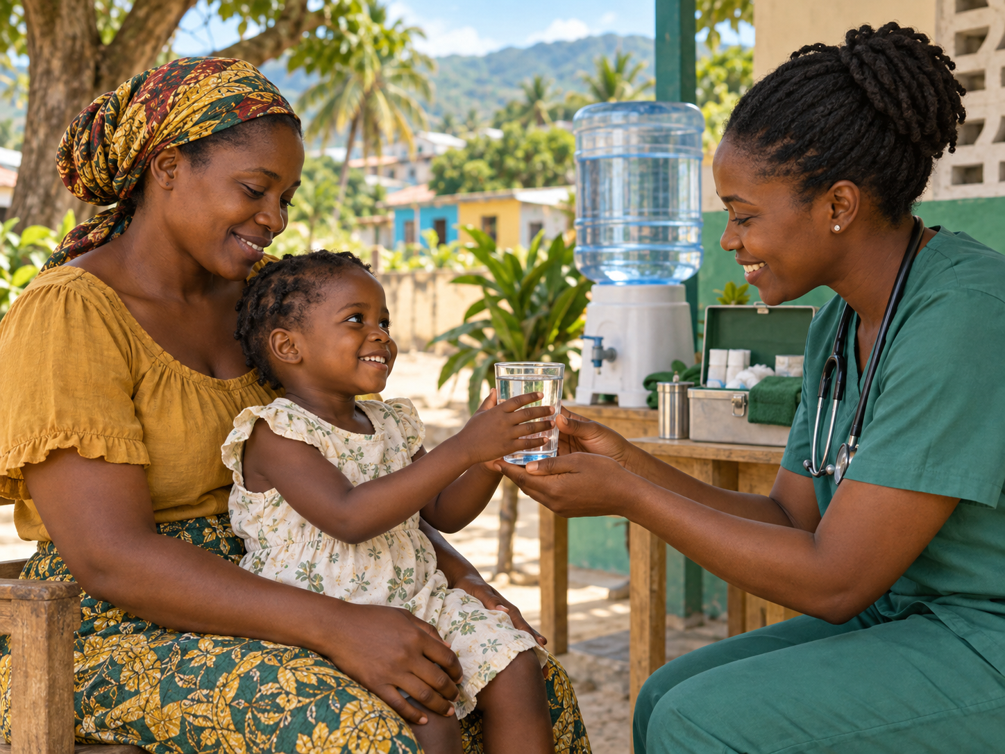 Illustrative child receiving clean water and community health support