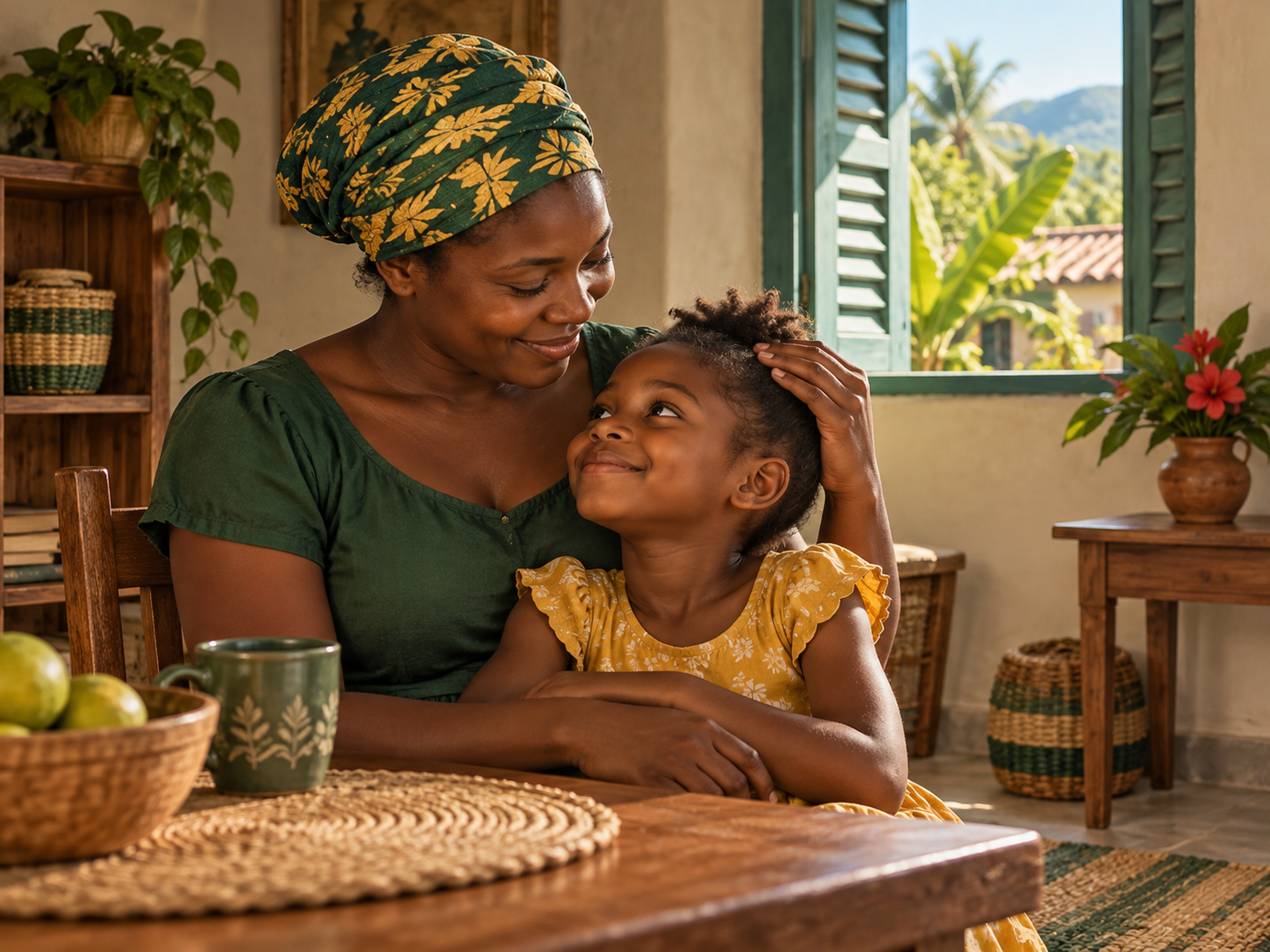 Illustrative parent and child together in a safe home